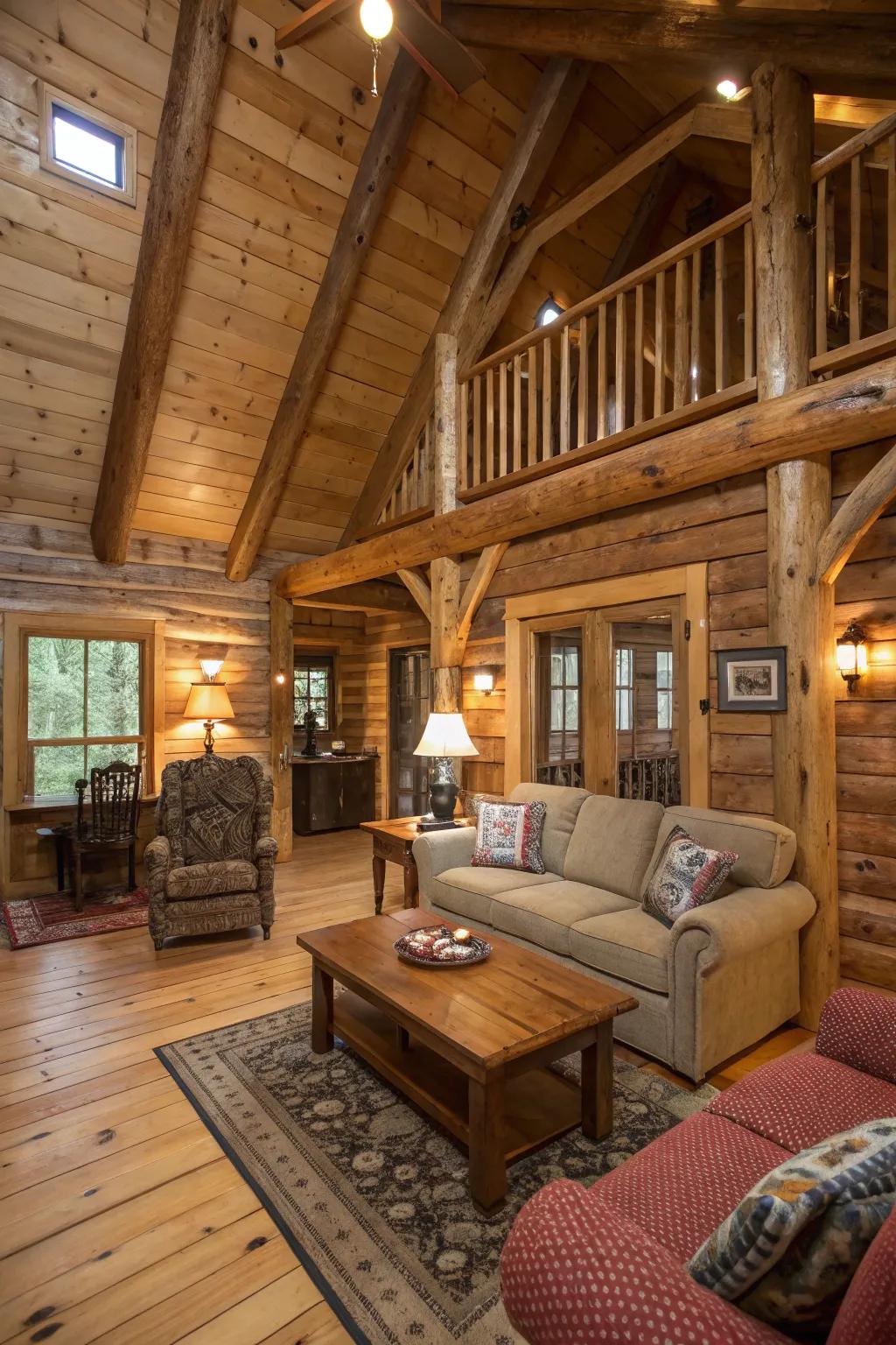 Raw wood accents impart a comfortable, rustic touch to this cabin.