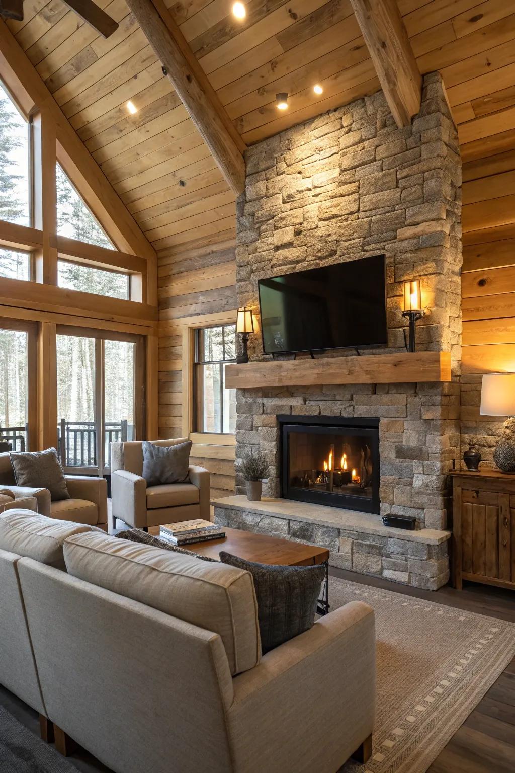 The ideal fusion of modern and rustic comfort in a cabin's living space.
