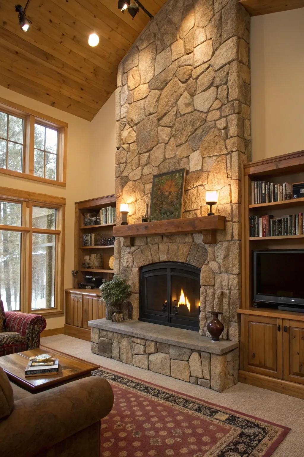 Intimate fireplace featuring a breathtaking stone accent wall.