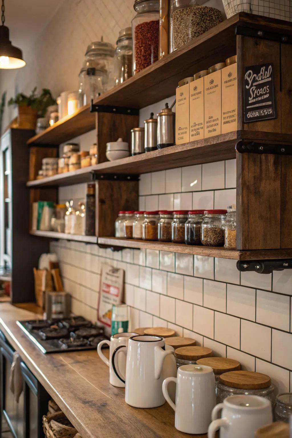 Cafe kitchen featuring open shelves with aesthetically pleasing storage options.
