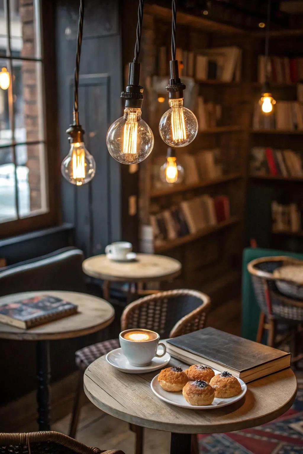 A welcoming cafe nook brightened by the inviting glow of exposed incandescent bulbs.