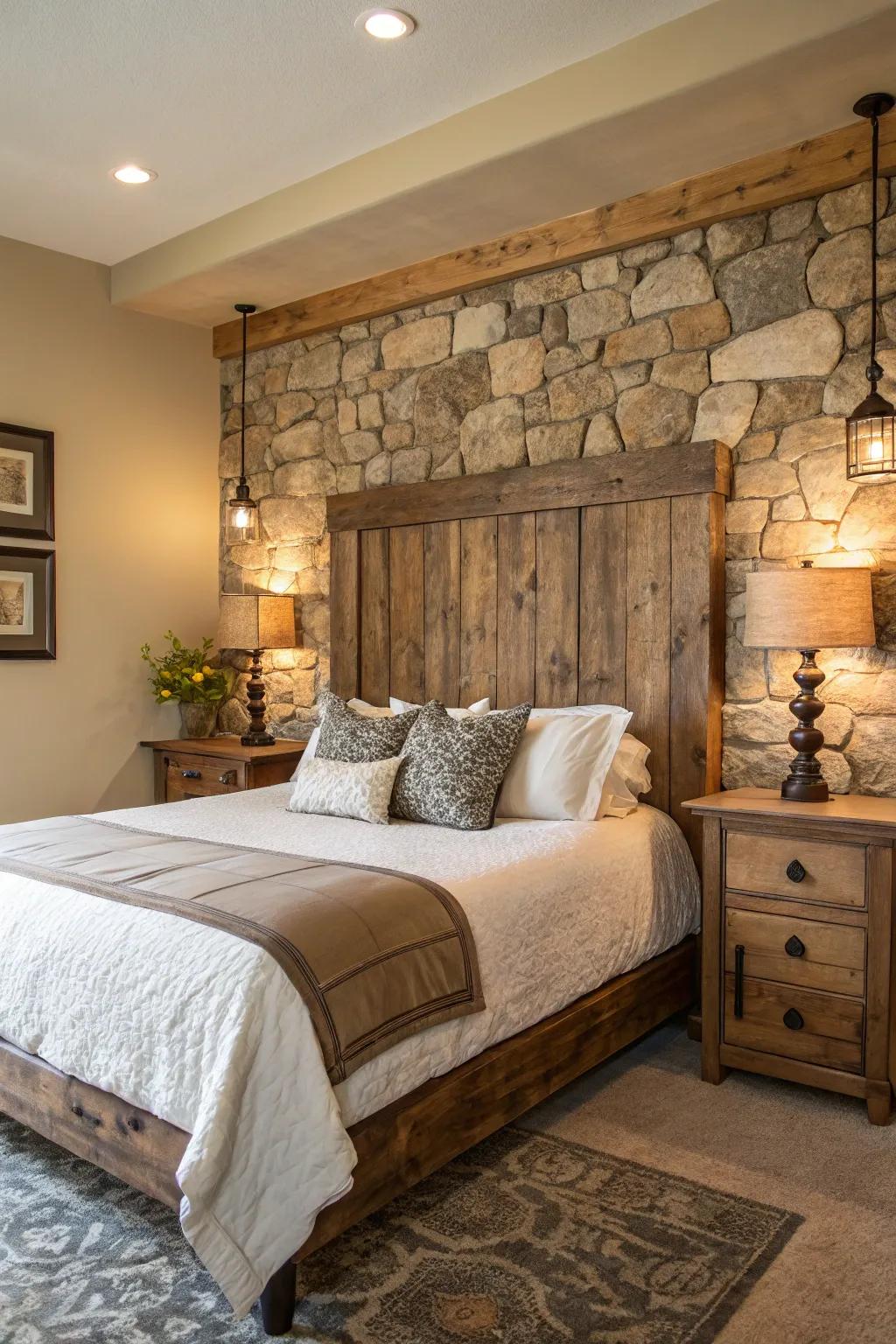 Bedroom displaying a repurposed wood headboard and natural stone decor for enhanced warmth and texture.