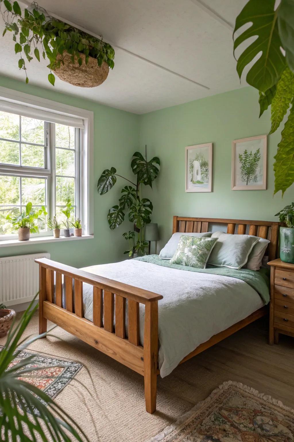 Light green walls introduce a revitalizing burst to the personal space.