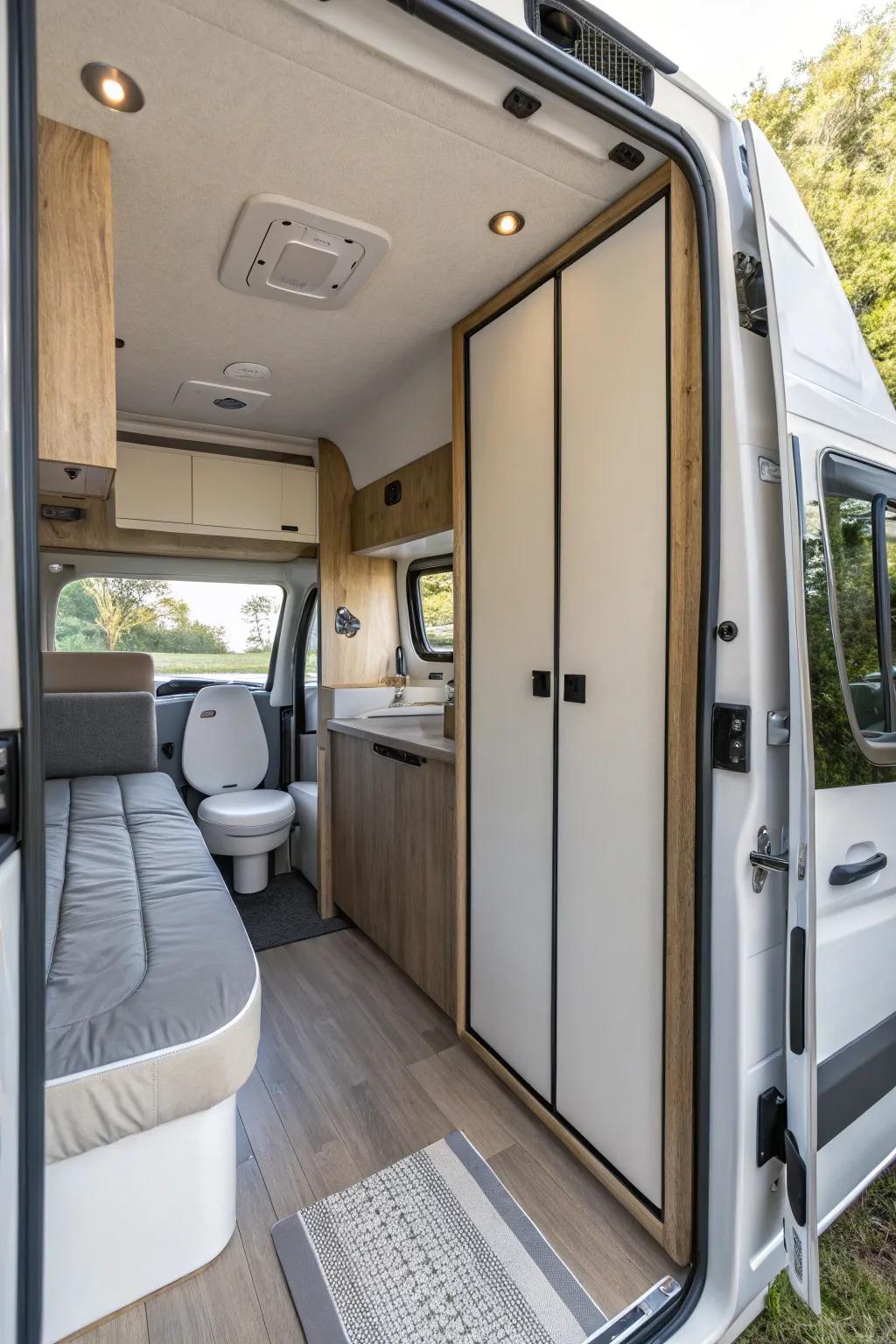 The inside of a mobile home includes a covert washroom with gliding panels for efficient use of area.