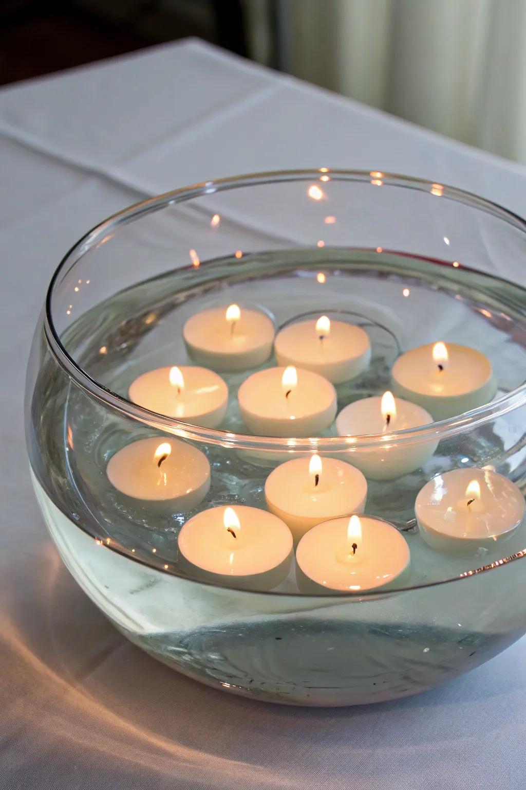 Tea lights afloat in a clear bowl of tinted water.