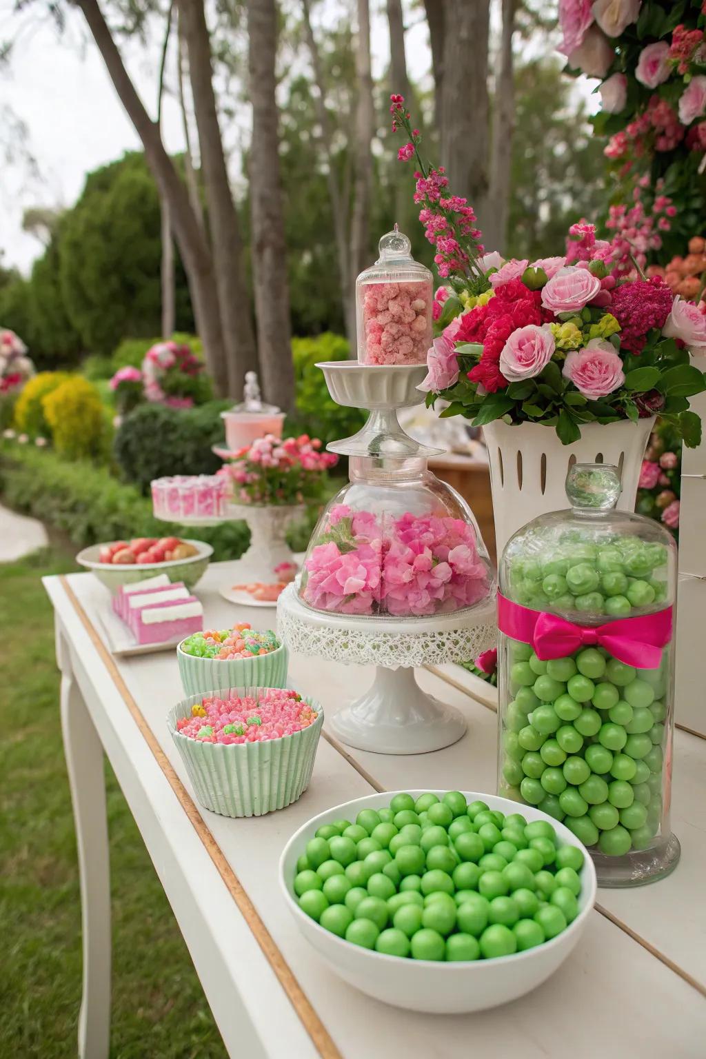 A garden-themed candy display radiating charm and sweetness