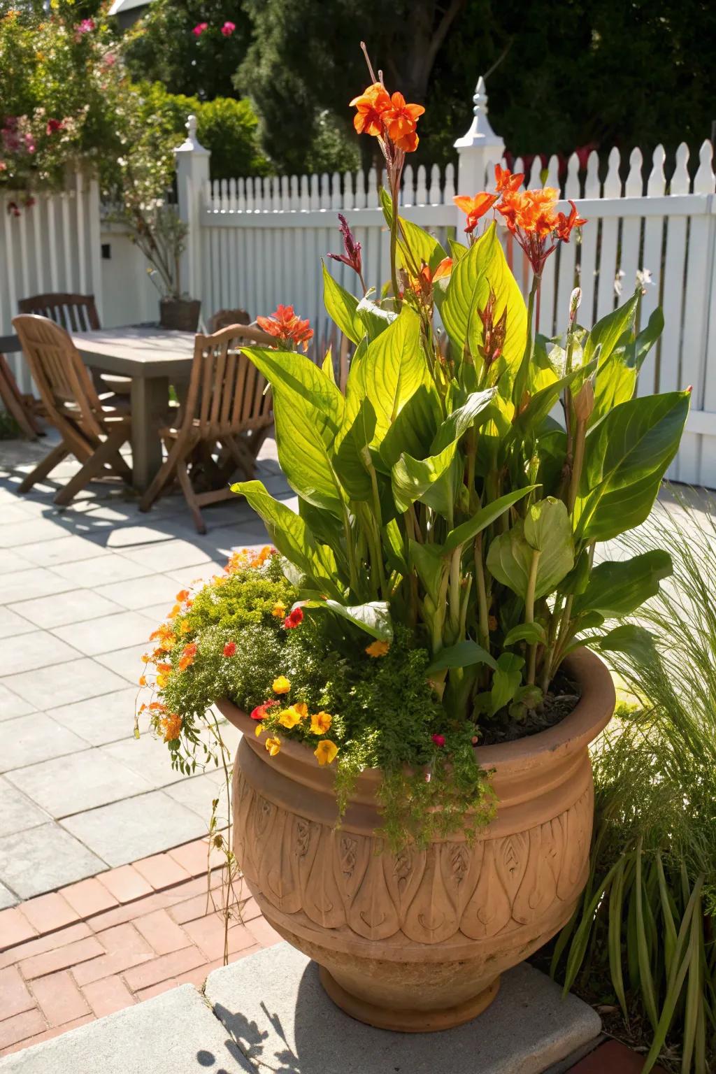 Canna lilies flourish in large pots, making them ideal for decorating patios.