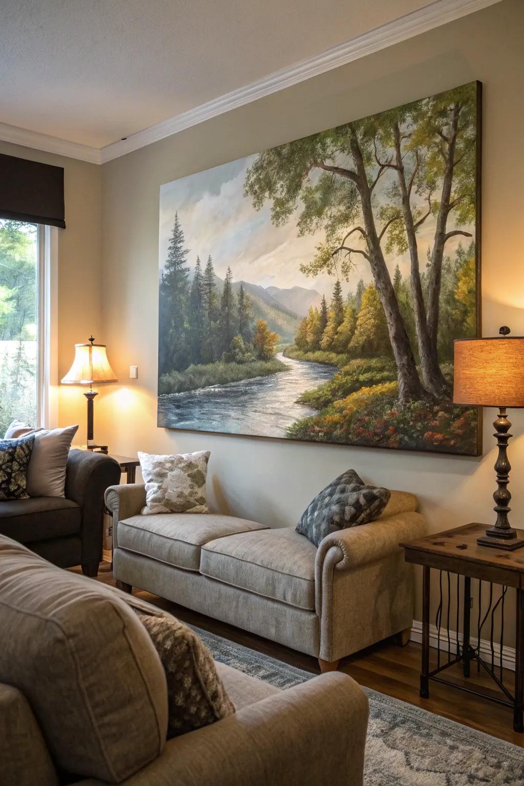 Artwork inspired by nature cultivates a tranquil atmosphere.
