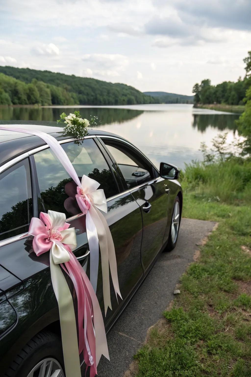 Silk ribbons introduce an elegant element to the wedding car.