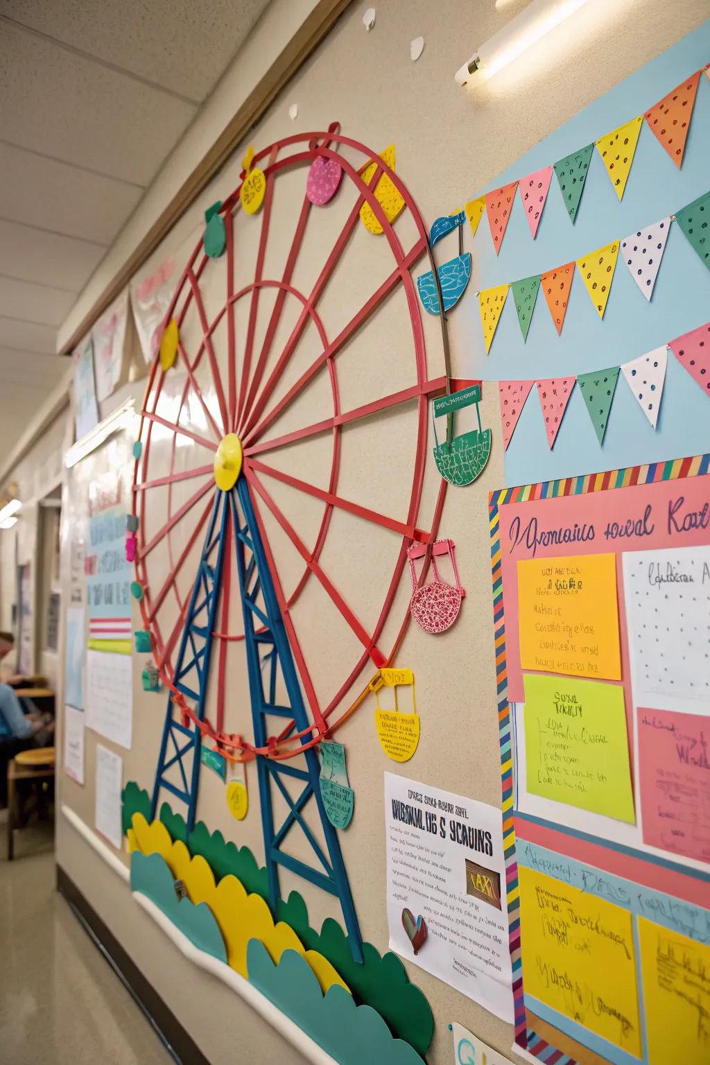 A playful Ferris wheel introduces a whimsical element to this fair-inspired pinboard.