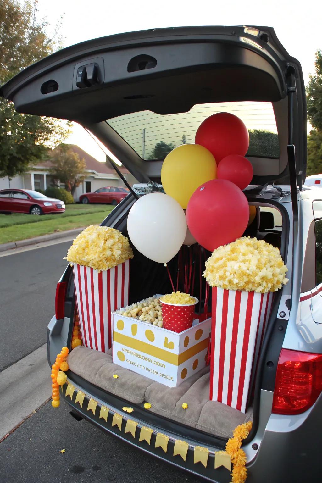 A trunk brimming with oversized popcorn decorations, perfectly encapsulating the spirit of a carnival treat.