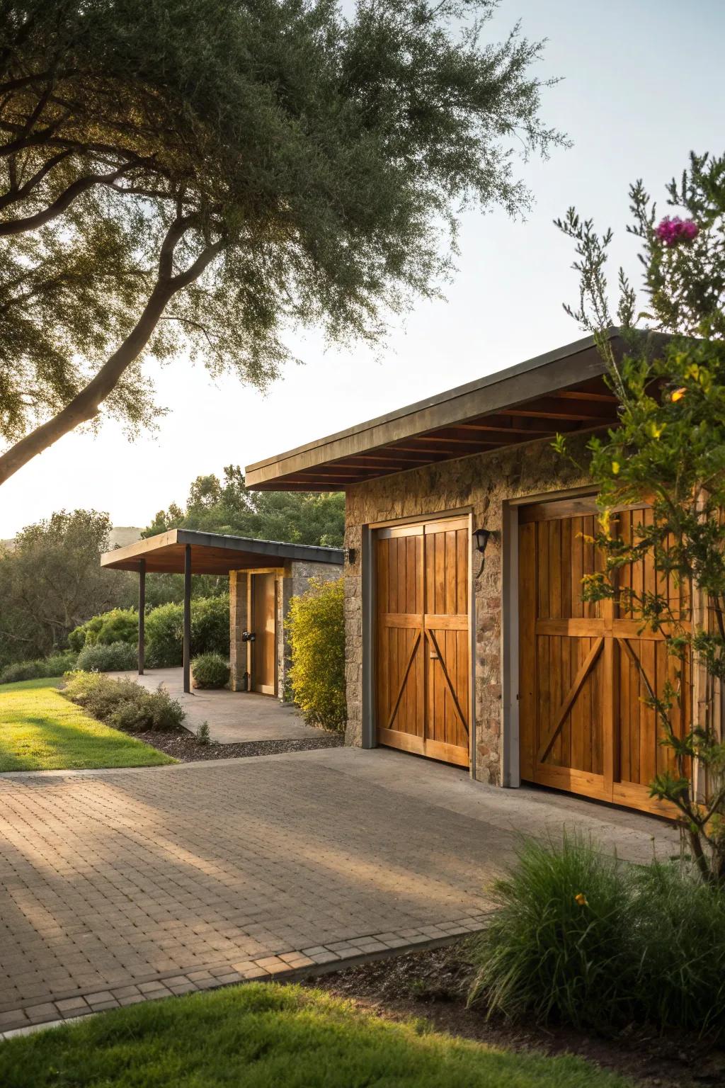 Carport with cozy wood doors that fosters a seamless bond with its natural surroundings.