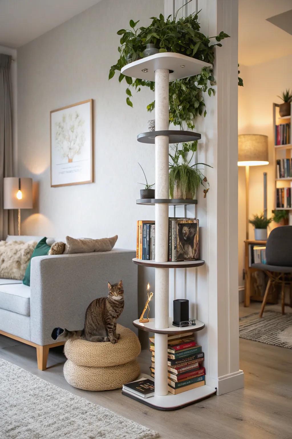 Functional and visually pleasing cat amenity integration.