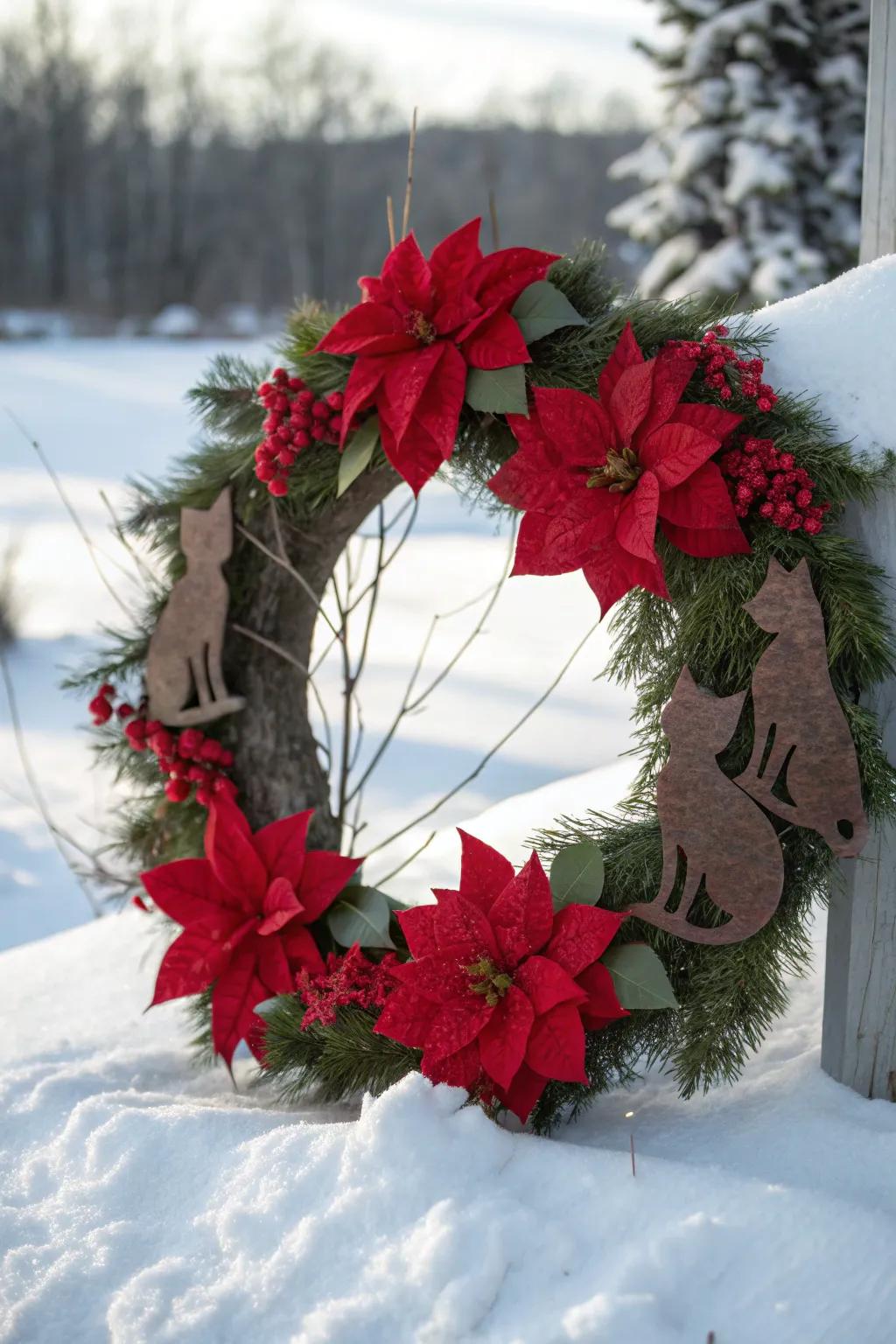 A joyful crimson bloom decorative loop featuring charming feline accents.