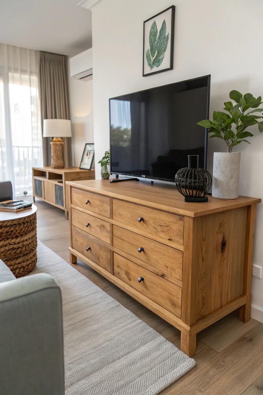 A blanket chest delivers a fashionable and functional media console.