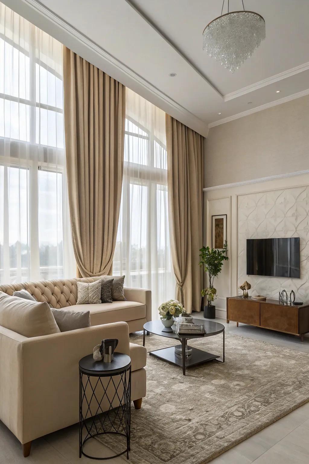 Extended curtains enhancing a space with dramatic flair
