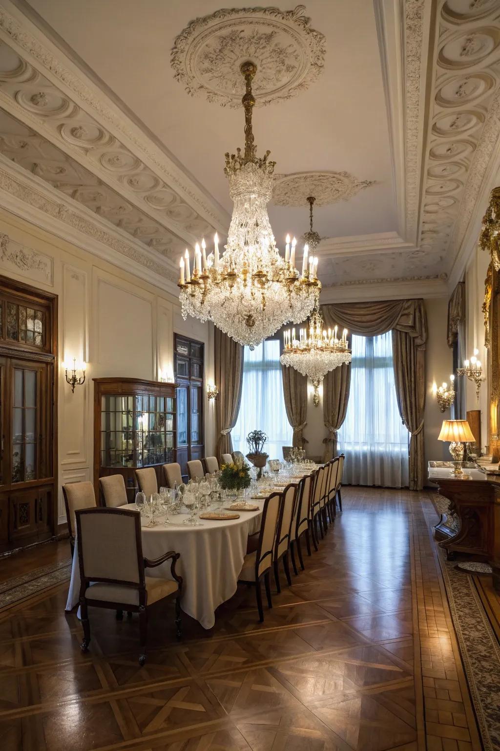 A dining room showcased with a captivating chandelier that enhances the area's grace.