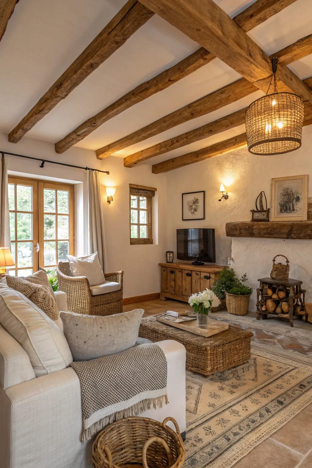 Create a rustic ambiance with exposed wooden beams.