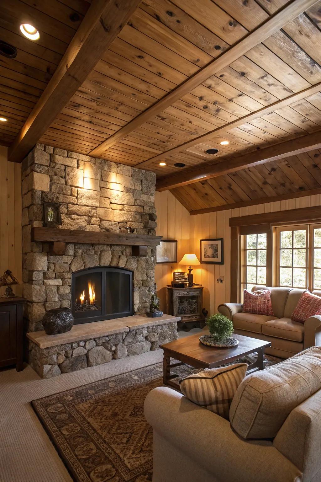 A rustic-style living area showcasing timber ceiling planks for added warmth.