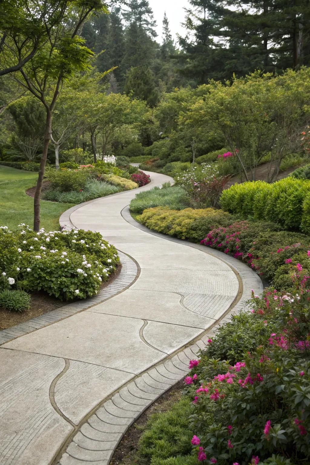 Curved concrete walkway that brings a playful element to garden routes.
