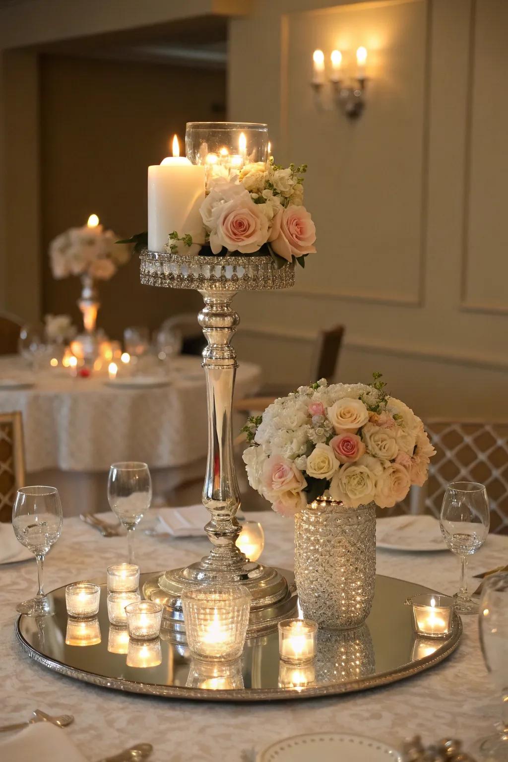Refined sophistication using a mirrored centerpiece base.