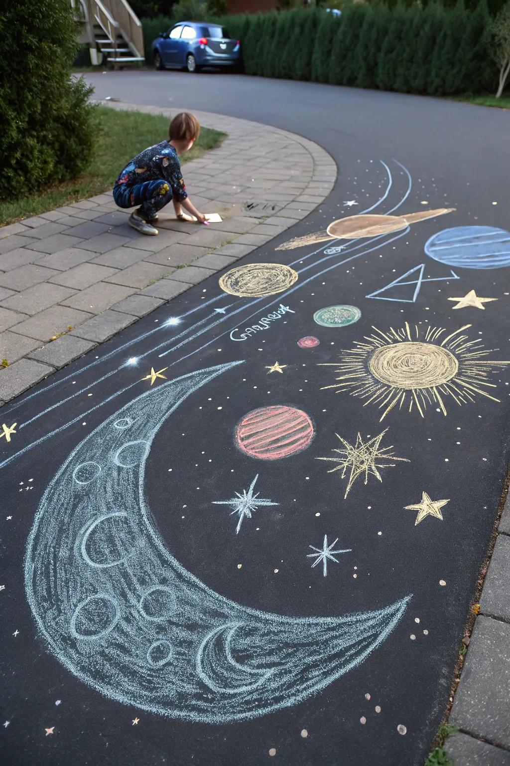 A captivating cosmic display sketched in chalk, showcasing stars and planets.
