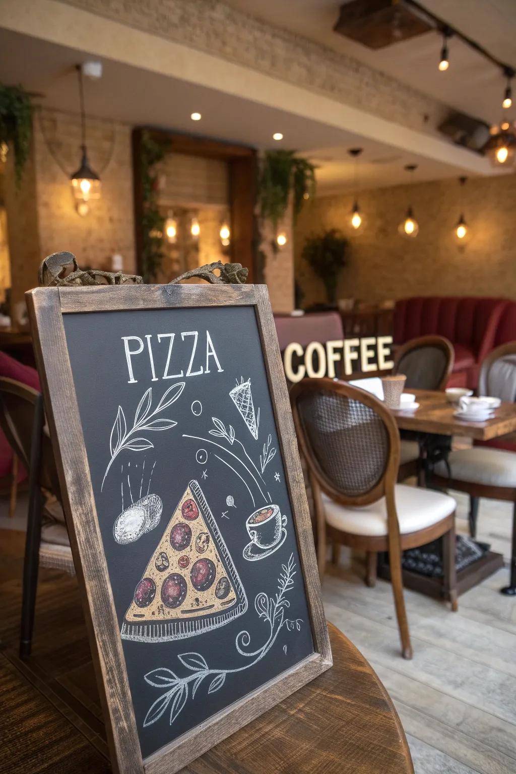 Hand-drawn illustrations of food items add a playful touch to a chalkboard menu.