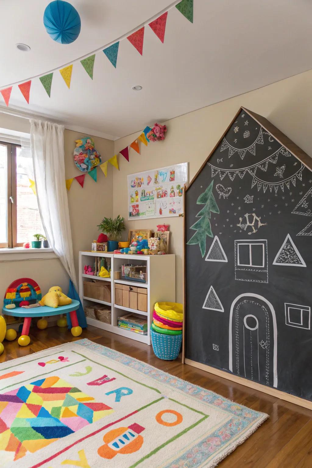 A chalkboard wall designed as a house adds fun and personality.