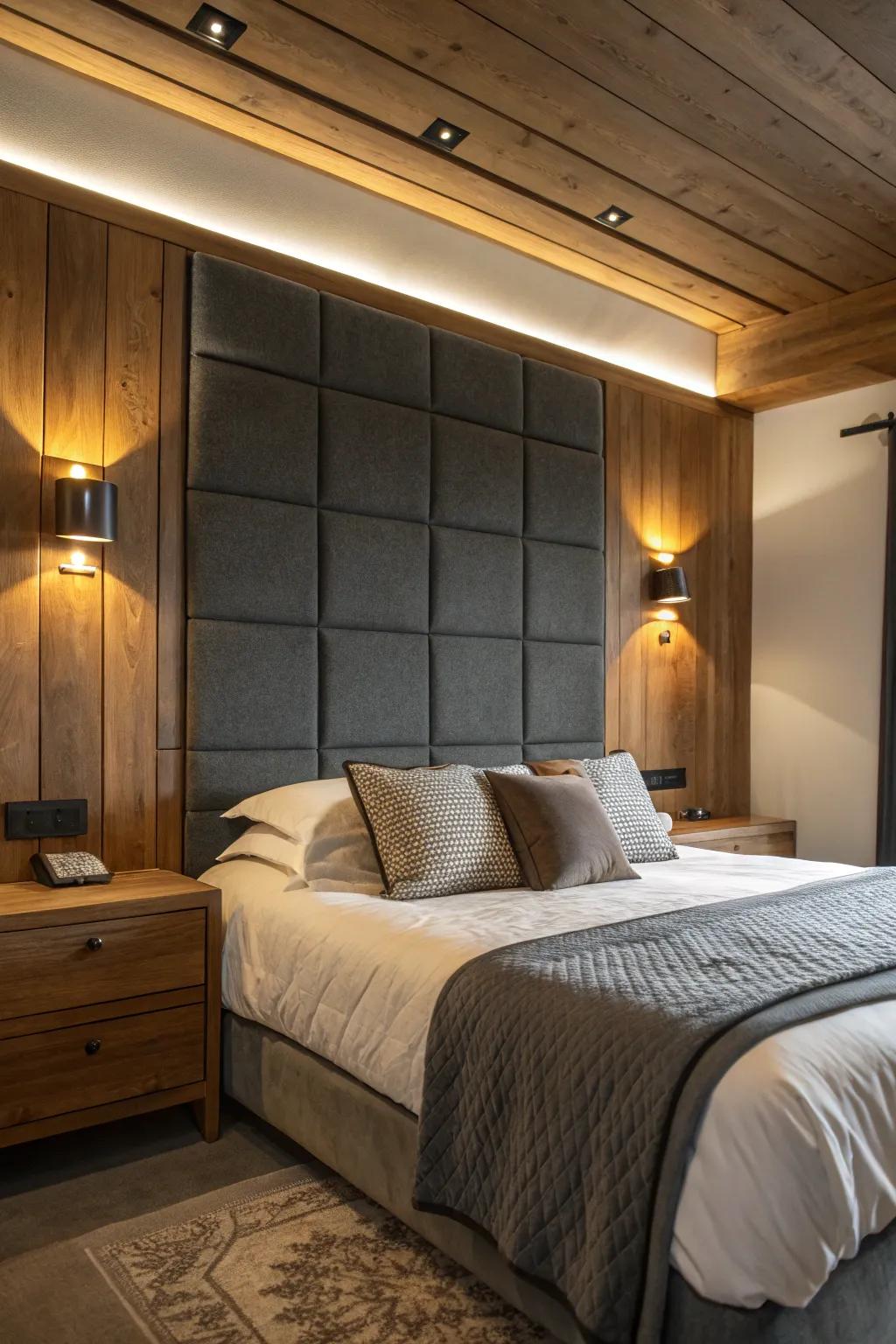 Warm wooden accents beautifully round out the serene hues of a deep grey headboard.