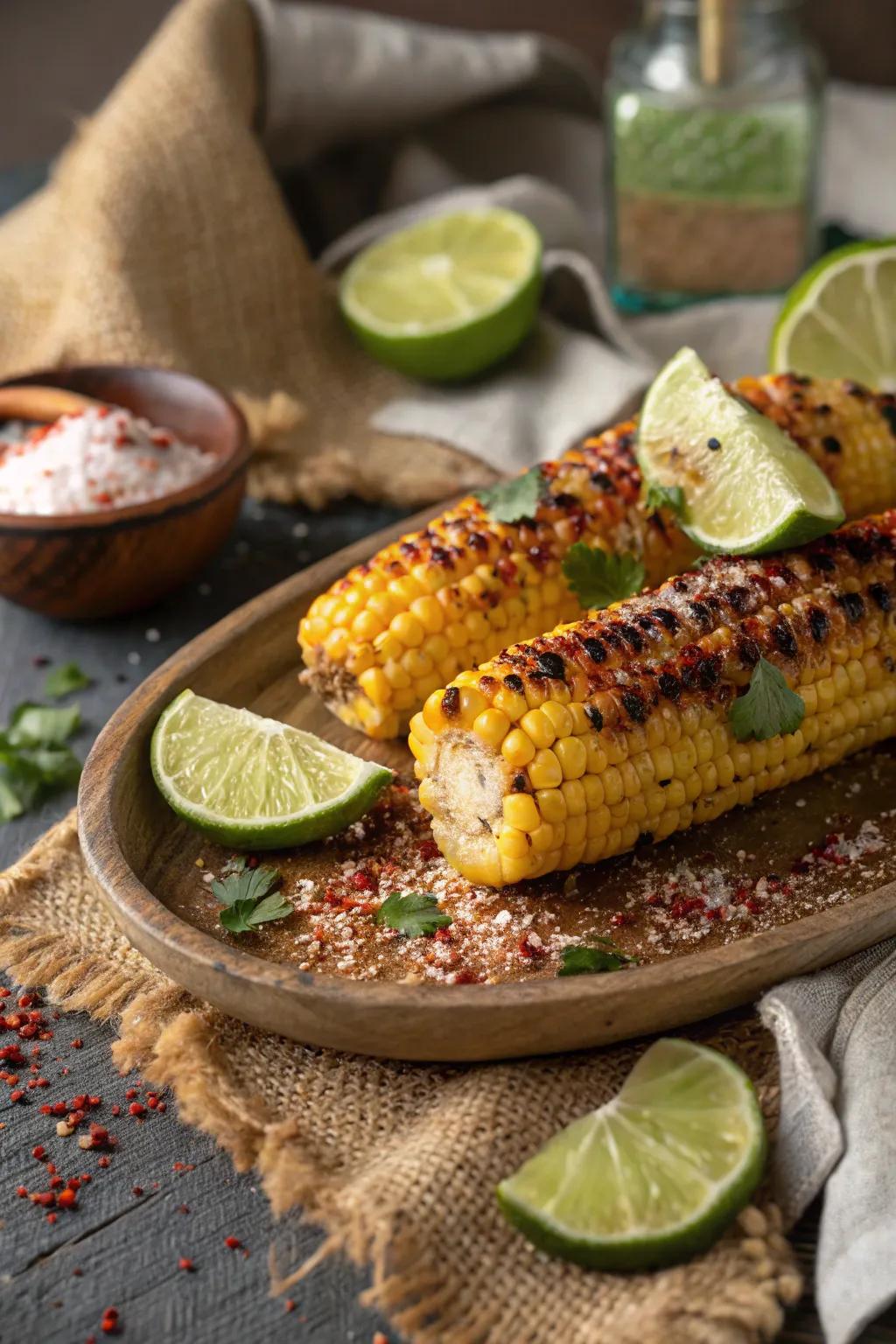 Grilled corn on the cob with an exciting touch of lime and chili.