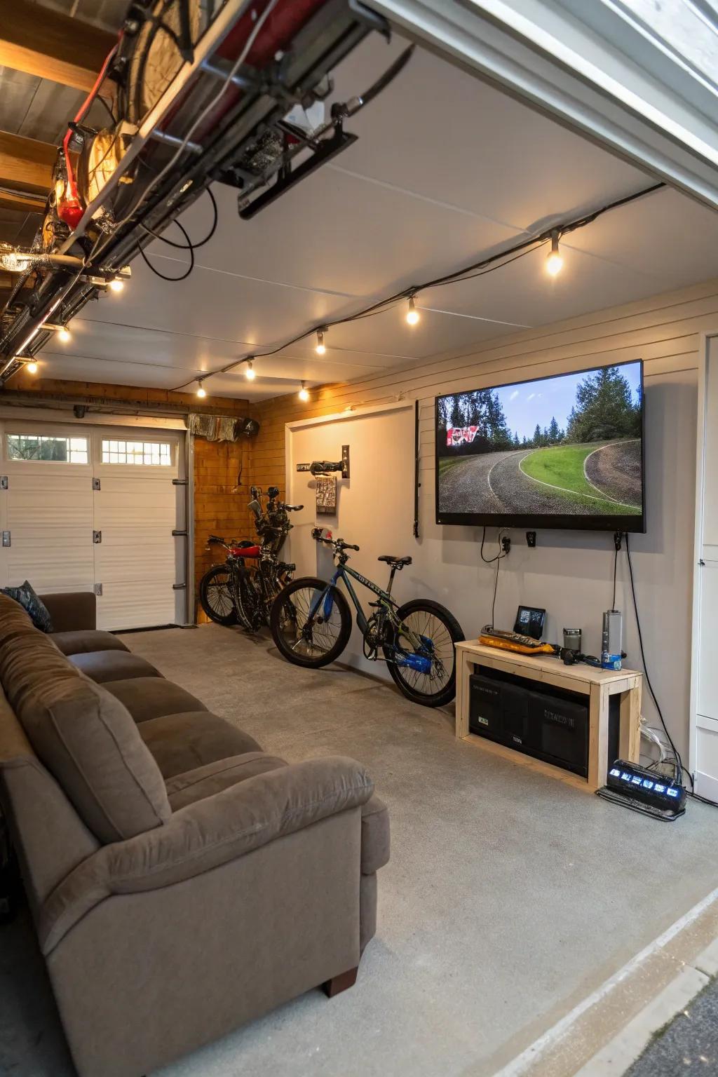 An entertainment area with a TV on a rotating mount provides functionality.
