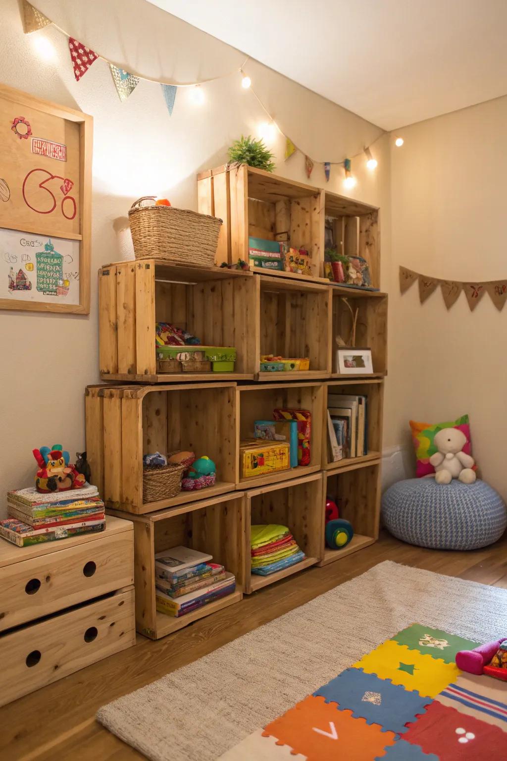 Handmade shelves crafted from boxes introduce charm and storage.
