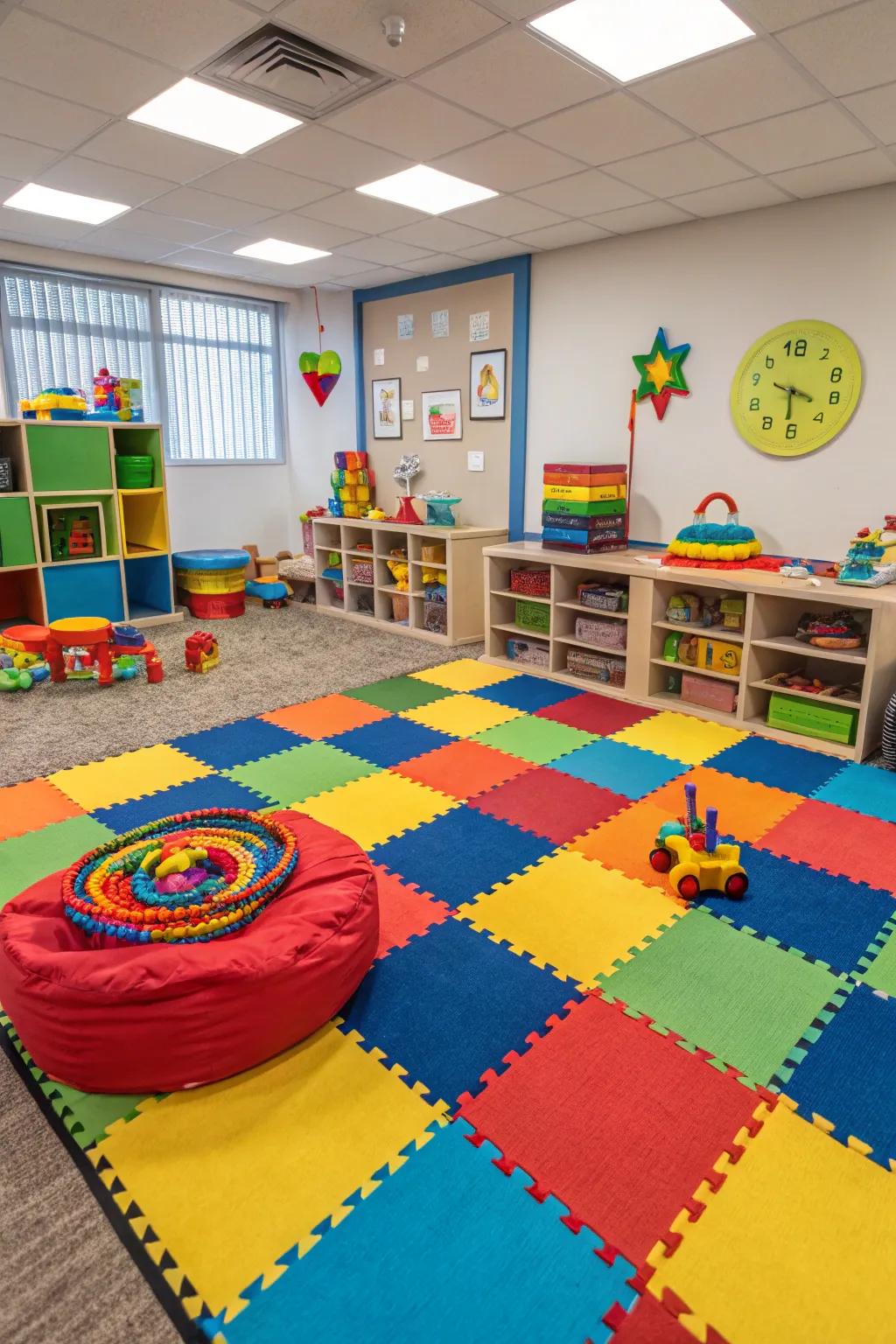 Combine different carpet tiles to create a welcoming, pleasant area.