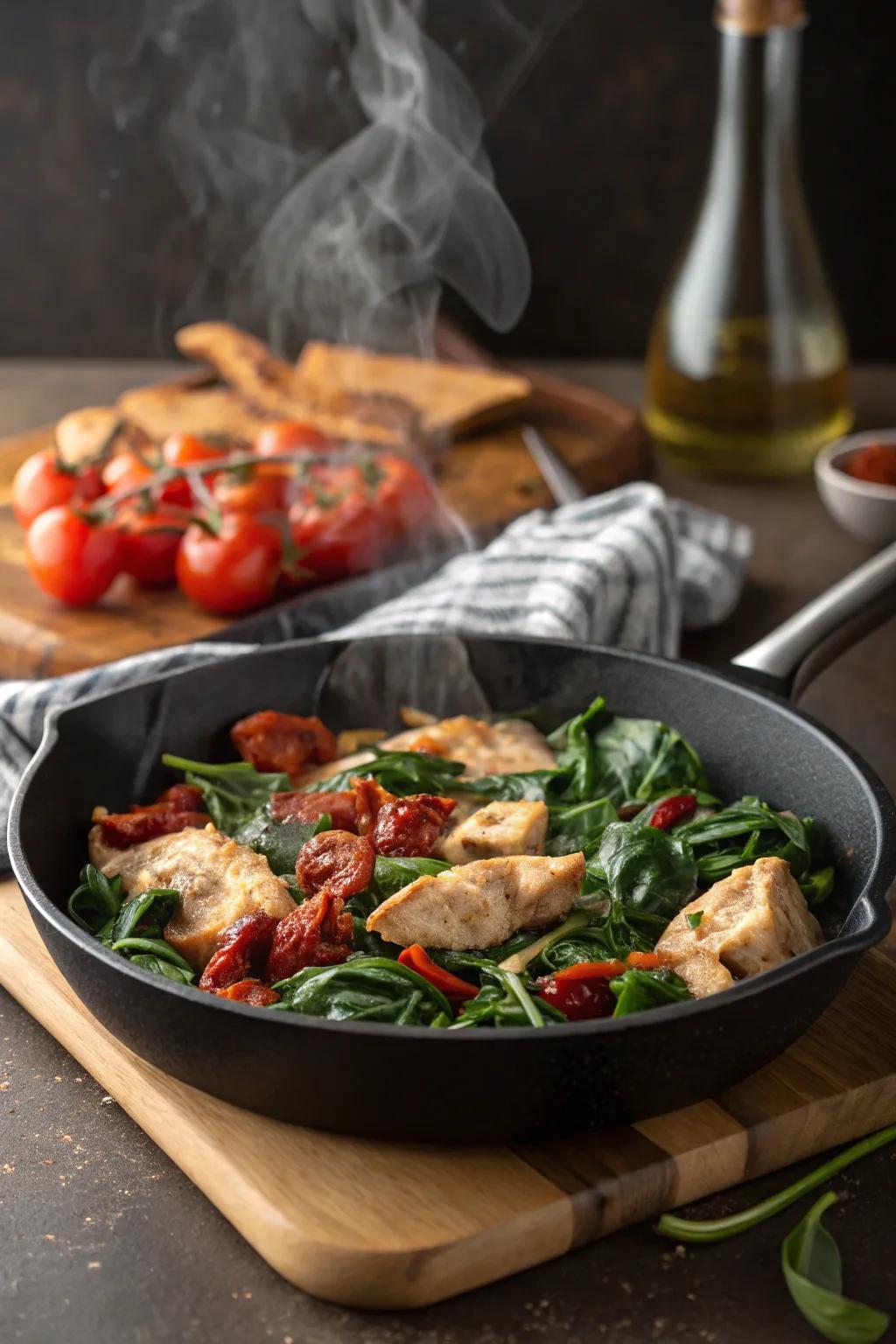 Chicken, spinach, and sun-dried tomato skillet for a simple dinner.