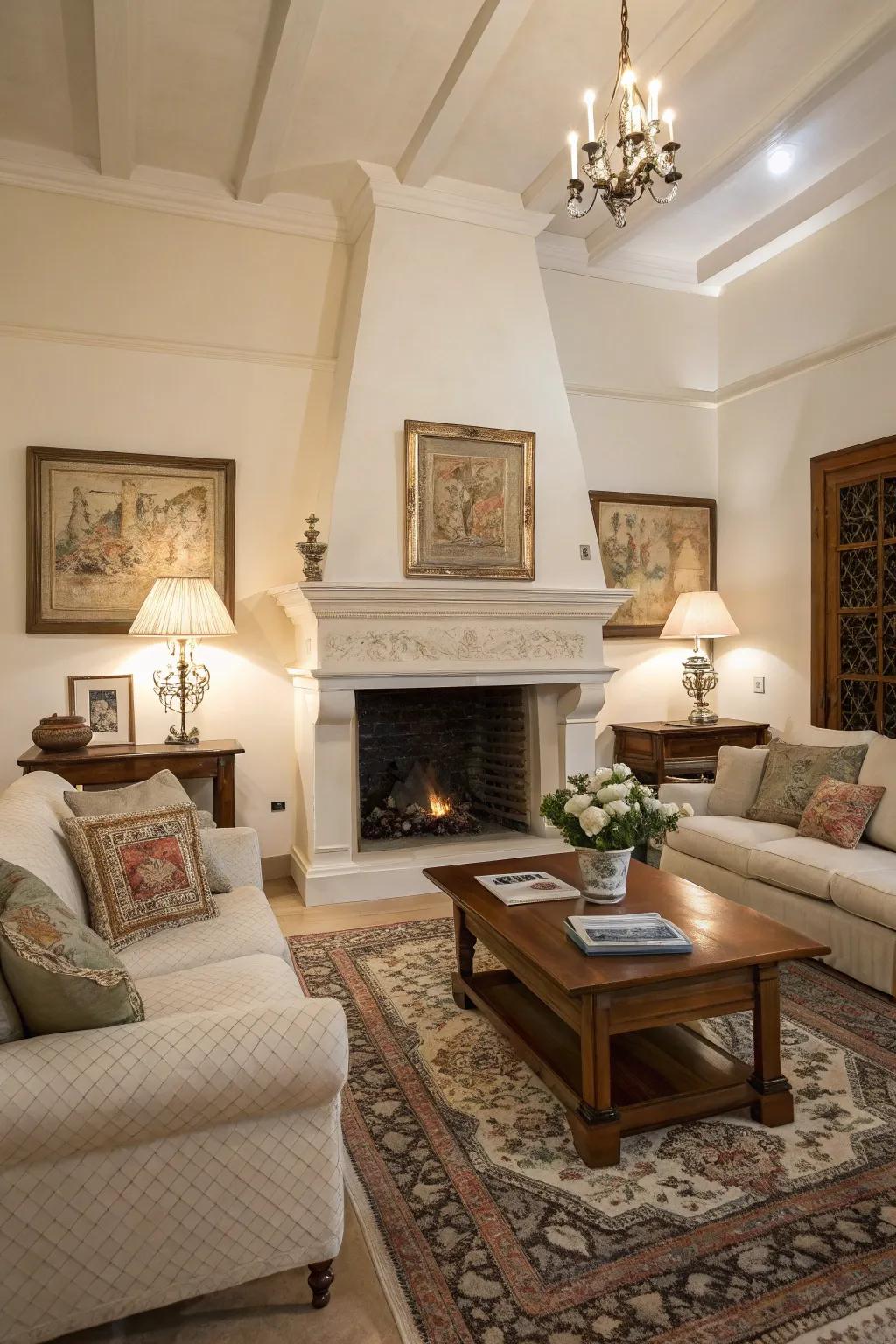 A traditional ivory chimney provides a flexible and timeless backdrop.