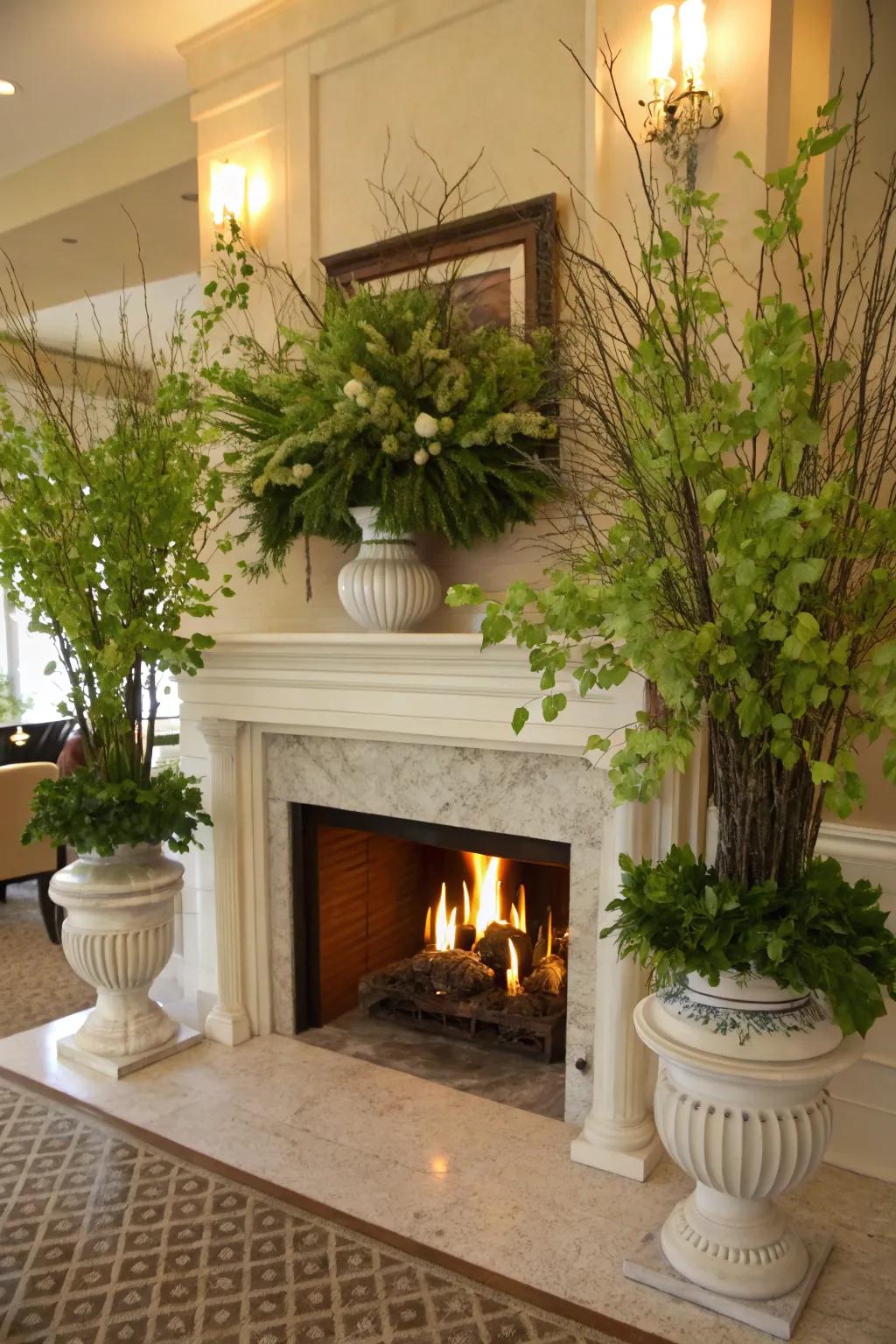 Incorporating greenery near the fireplace infuses the area with natural allure, enlivening the room.