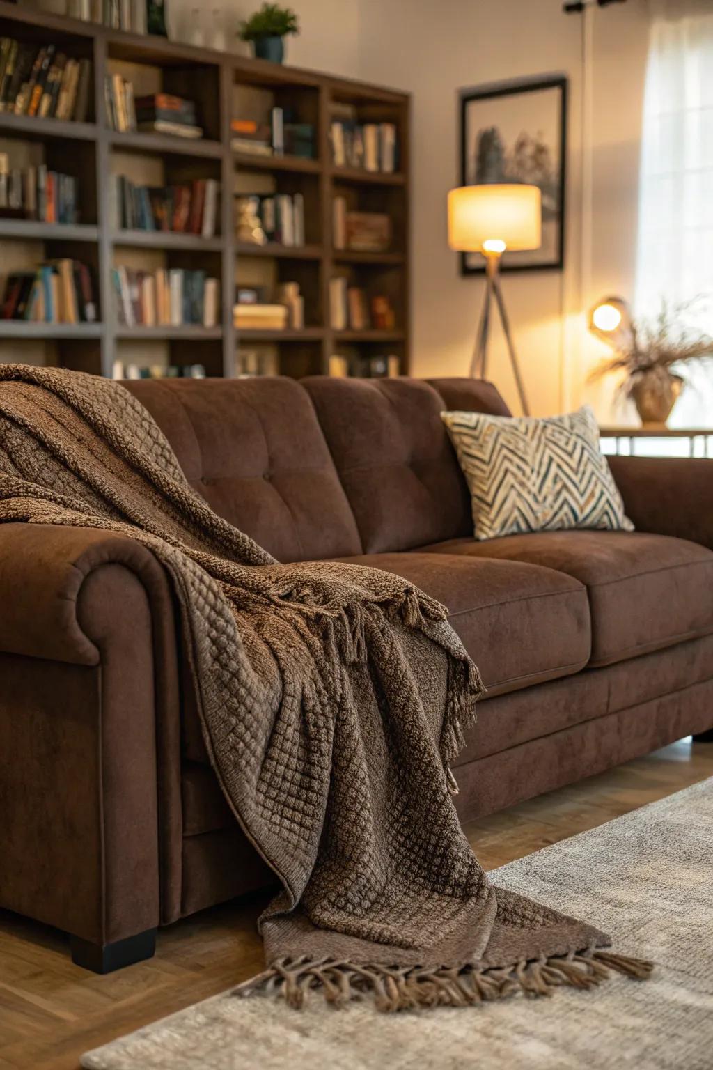 A textured throw adds depth and coziness to a cocoa sofa.