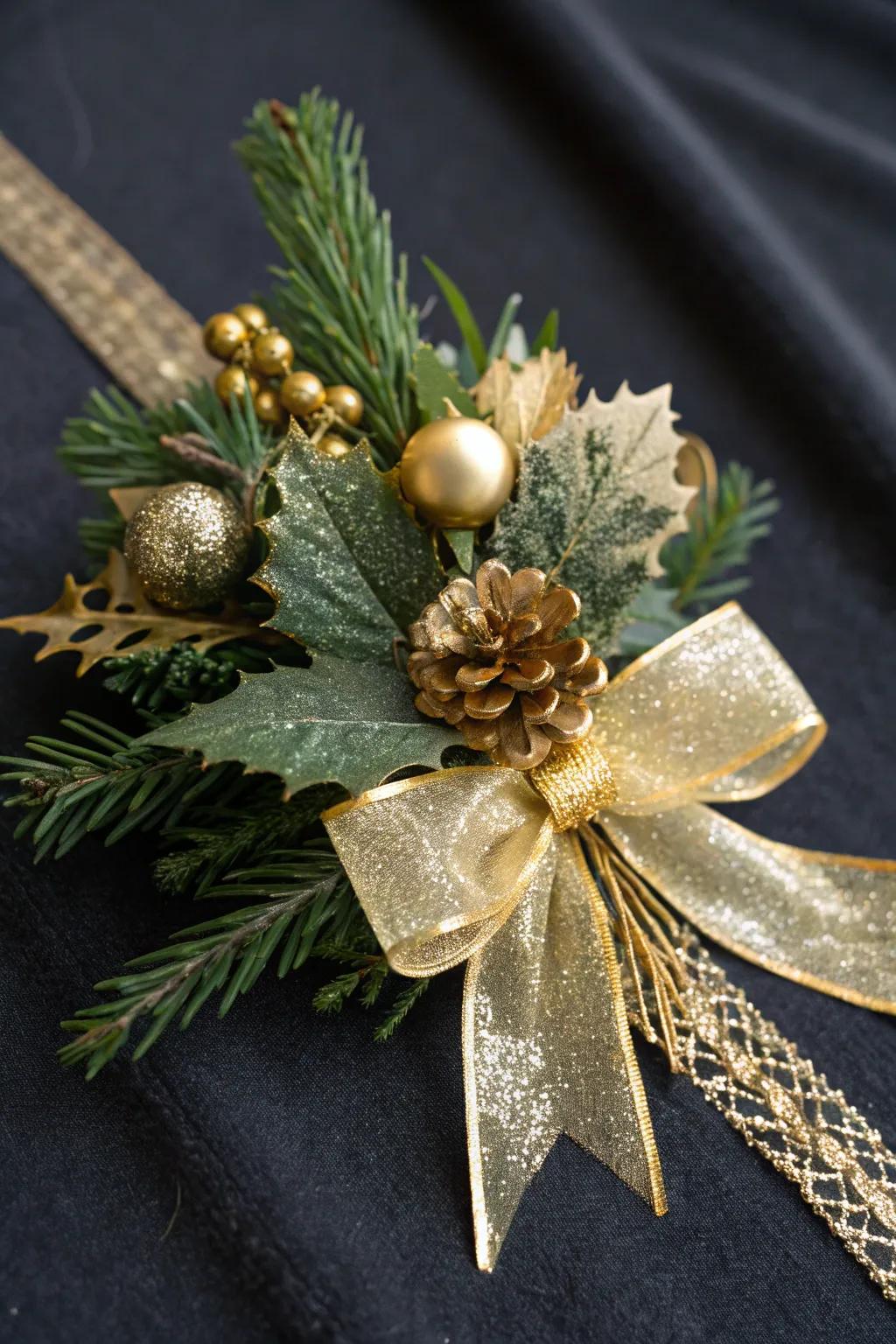 A refined holiday adornment enhanced with touches of gilded ribbon.