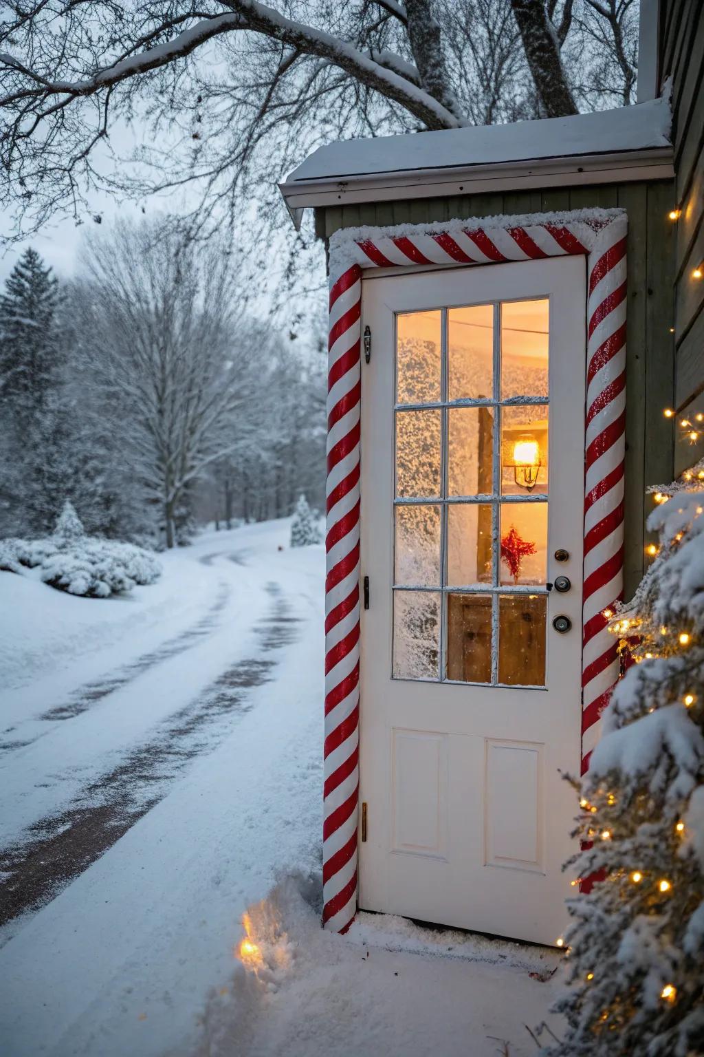 Sweet walking stick red stripes include a spirited touch to this joyful door.