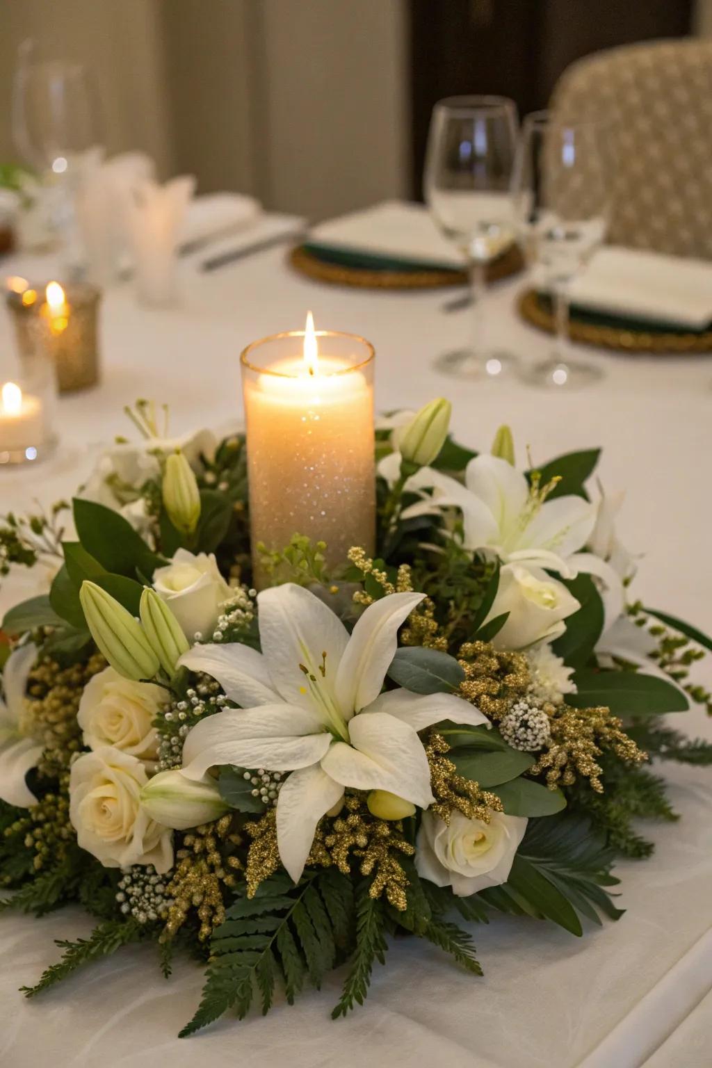 A festive ring of ivory blossoms and gilded accents perfect for the Christmas banquet.