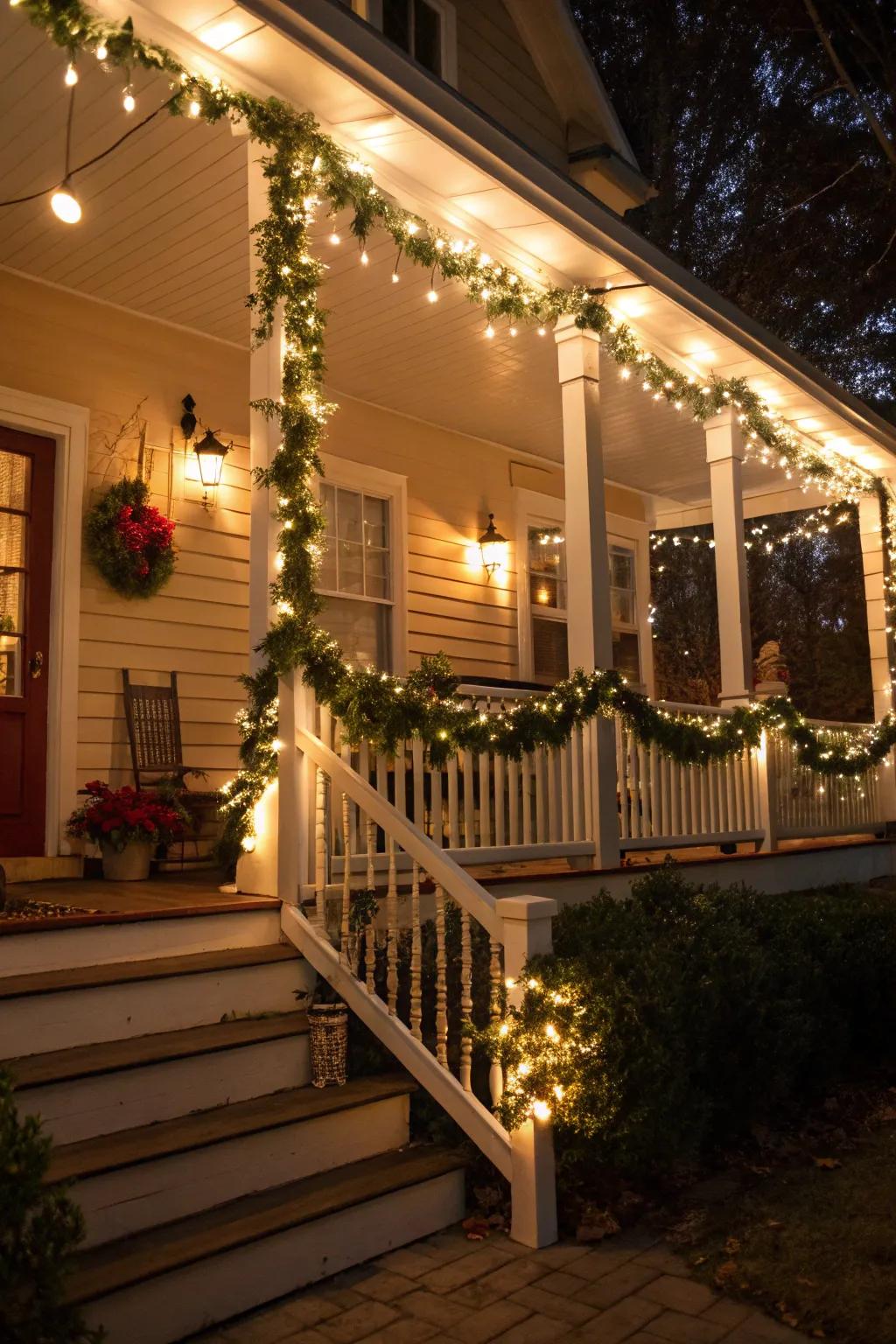 A front porch adorned with drapes and lights, creating a festive entry.