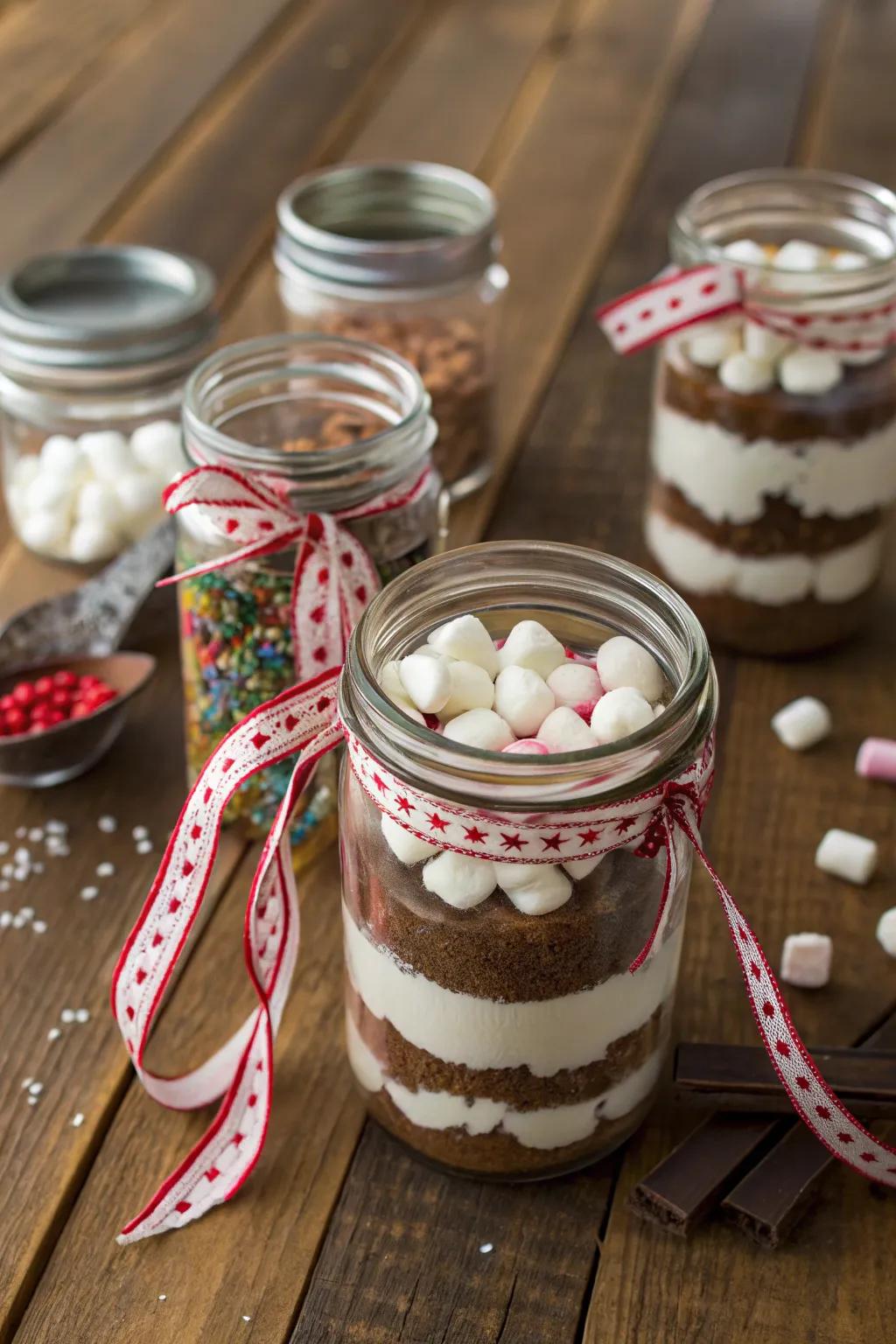 Lovely gift jars filled with homemade hot cocoa mix