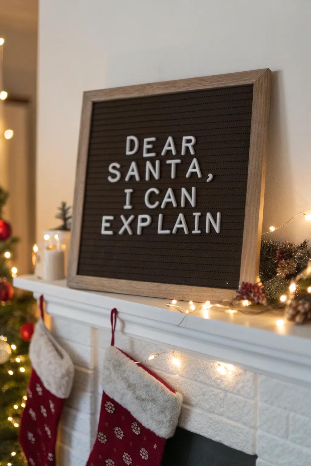 A humorous message board about providing explanations to Santa, ideal for a lighthearted atmosphere.