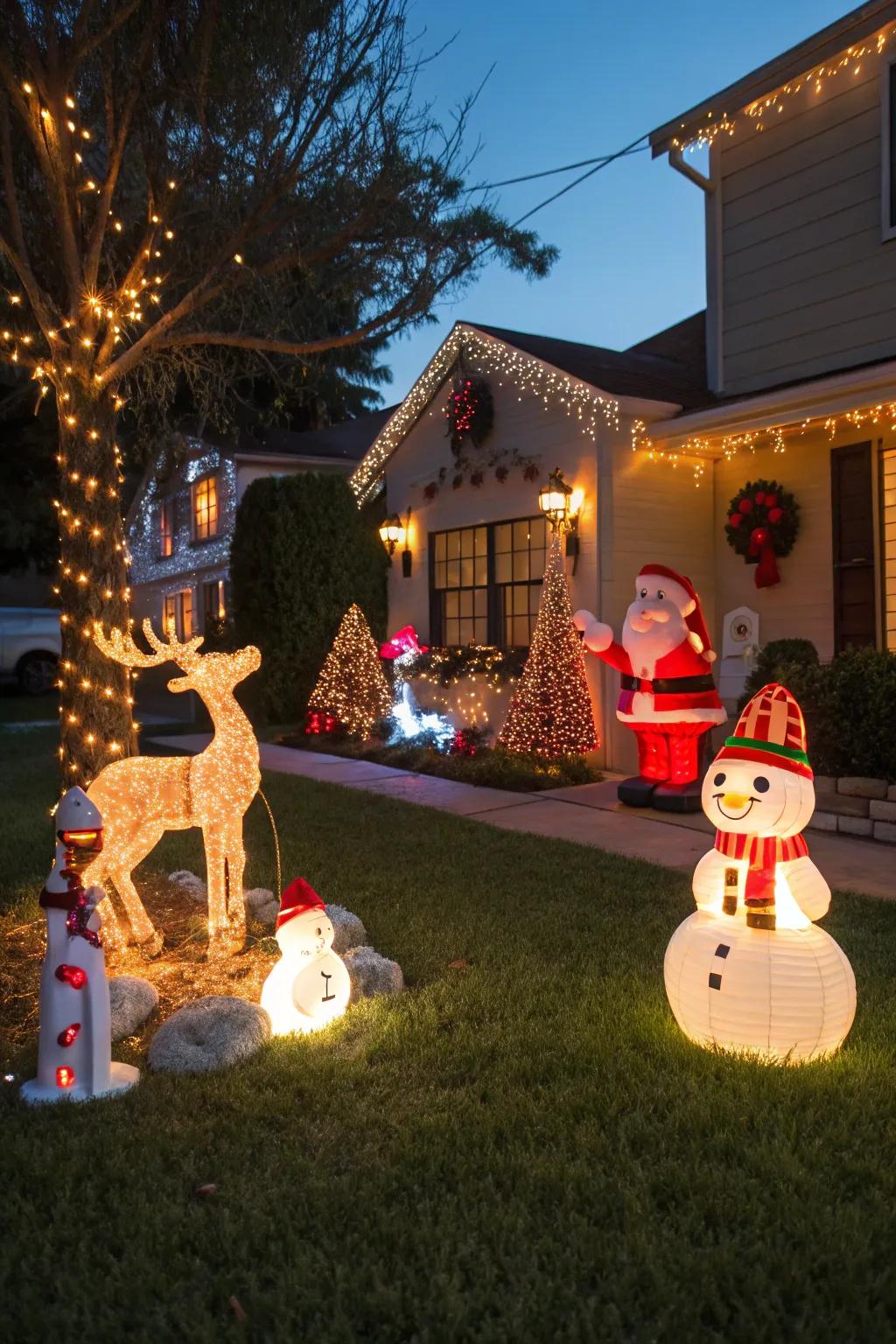 A front yard embellished with captivating holiday light displays.