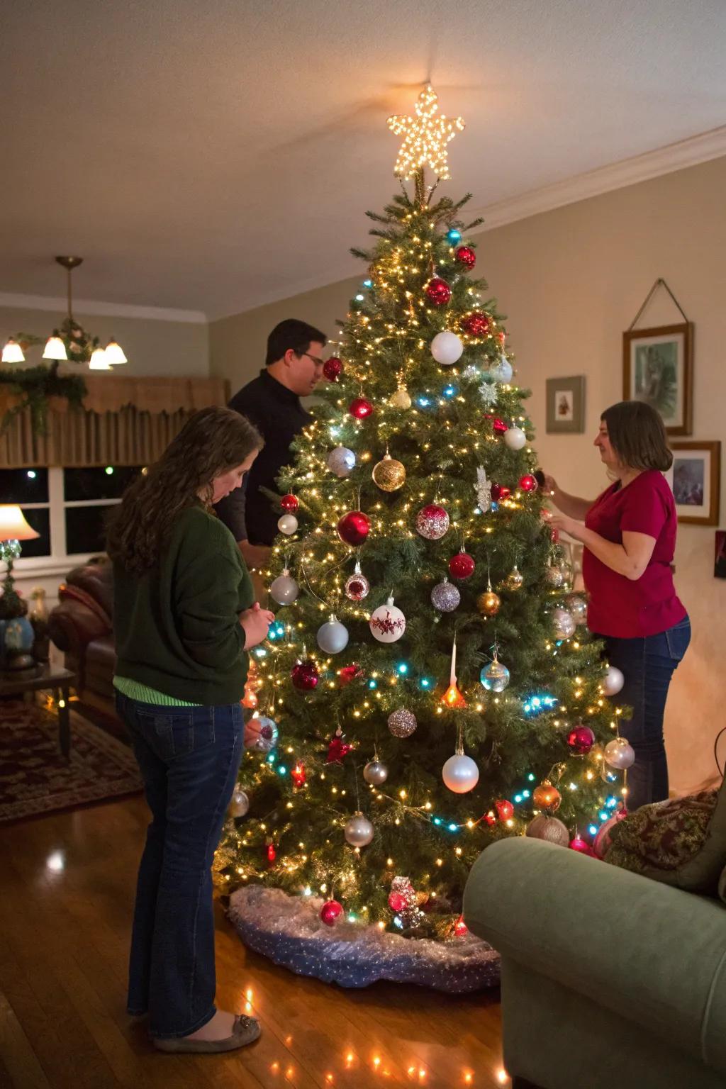 Attendees estimating the quantity of baubles on a celebratory evergreen.
