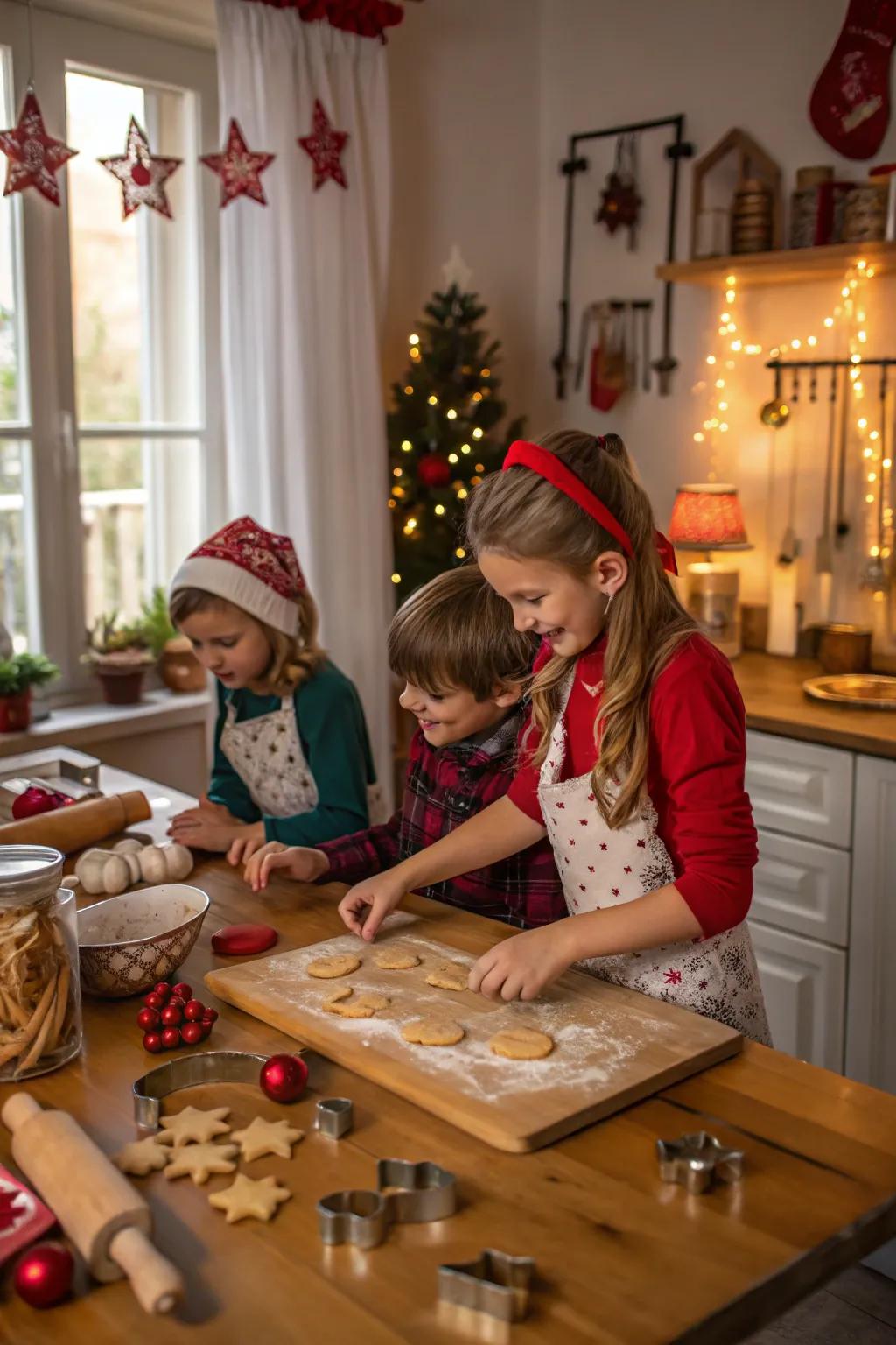Children experiencing the enjoyment of baking Christmas cookies.