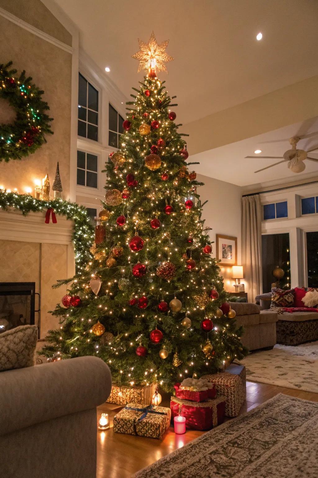 An exquisitely decorated Christmas tree serving as the focal point of the holiday decorations.