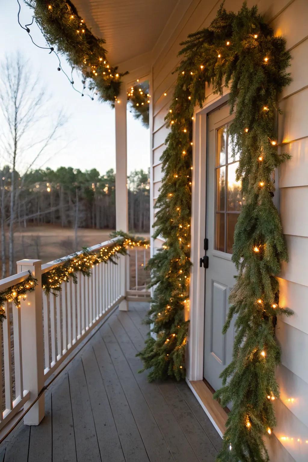 A radiant strand of evergreens and lights for a bewitching porch ambiance.