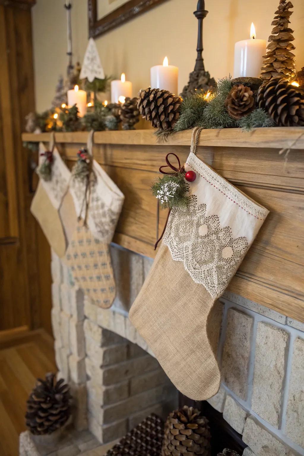 Vintage stockings infuse a nostalgic atmosphere into your celebratory adornments.