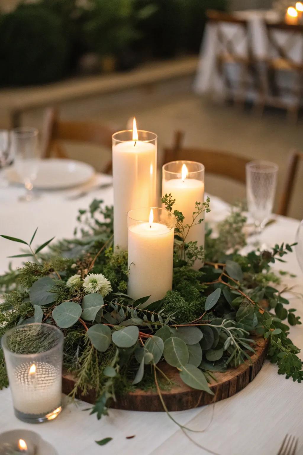 Candles surrounded by greenery craft a warm, inviting atmosphere.